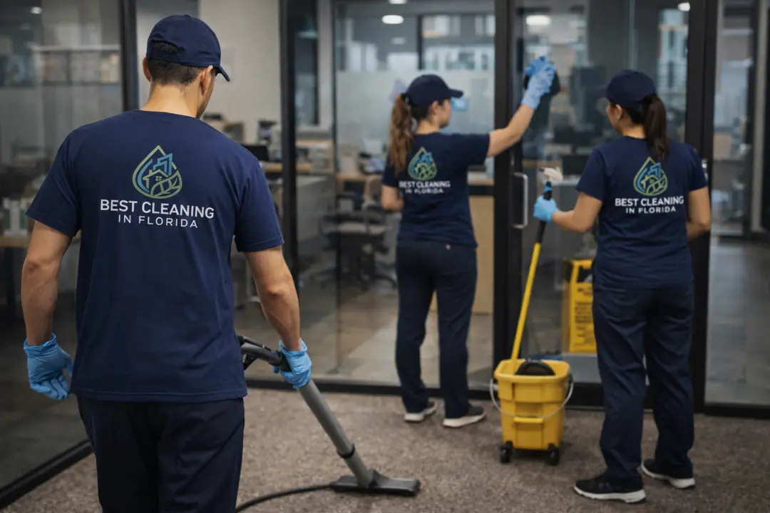 Cleaning team servicing a modern office