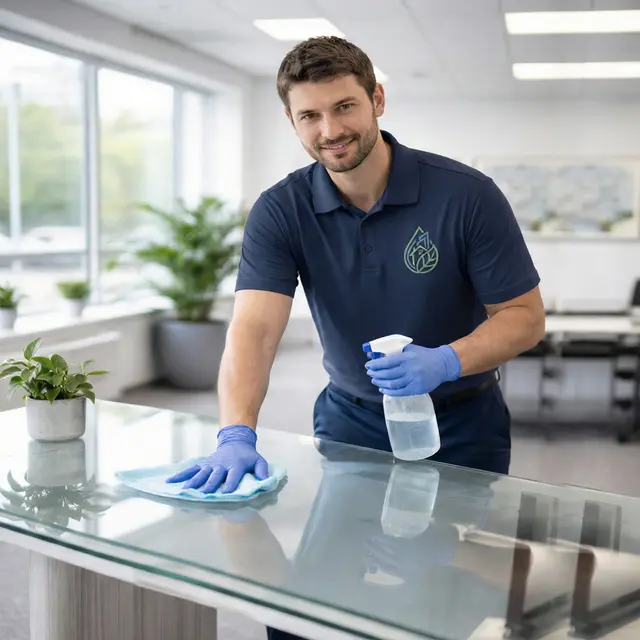 Cleaner wiping a glass table in a bright space