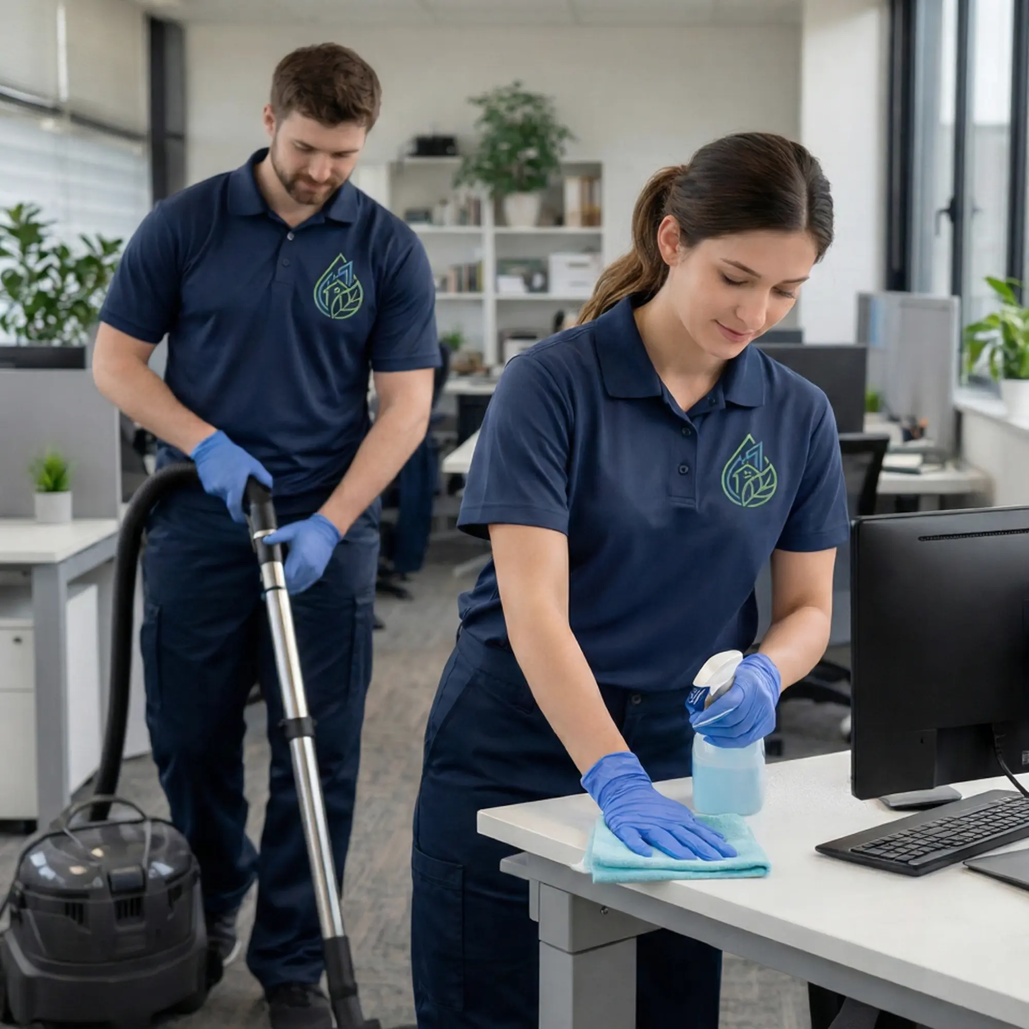 Professional cleaners working in an office